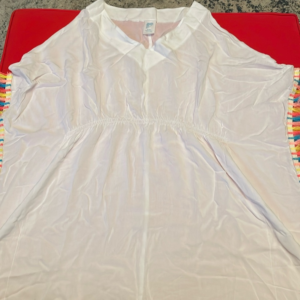 NWT girls coverup white with multicolored fringe hem
